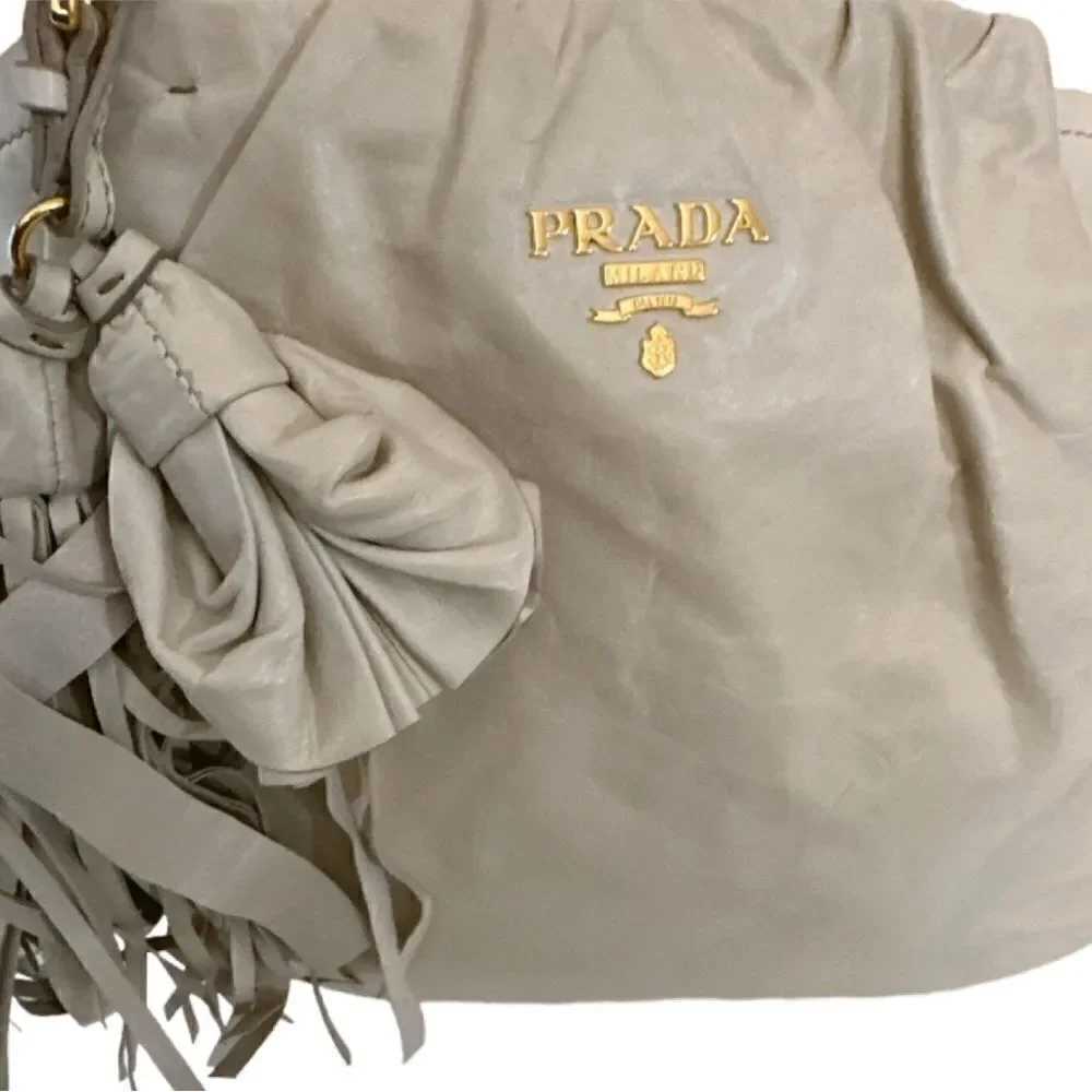 PRADA Vitello Two Way Hobo Beige Fringe Leather Bag - Picture 9 of 15
